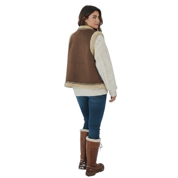 House of Harlow 1960 Boho Faux Shearling Vest Brown Cream Cabincore Winter Gilet - Picture 10 of 10